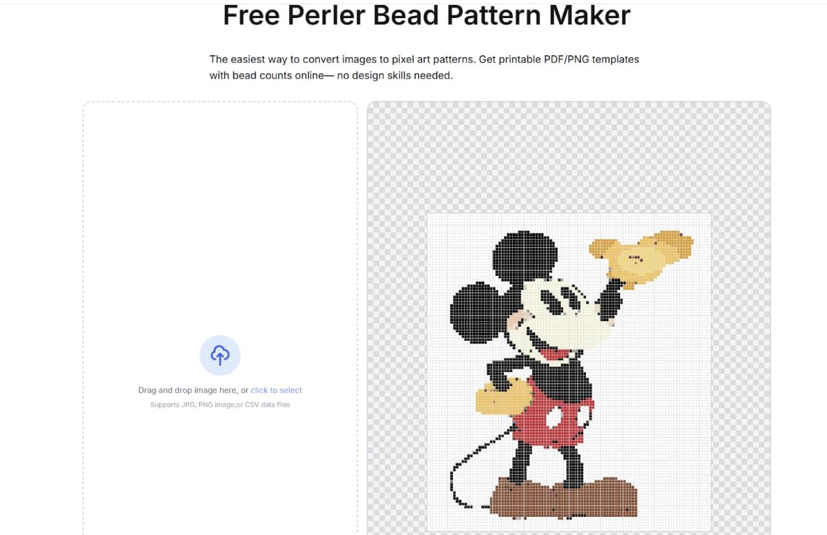 Pixel art Mickey Mouse holding a cracker, displayed in a Perler bead pattern maker application.