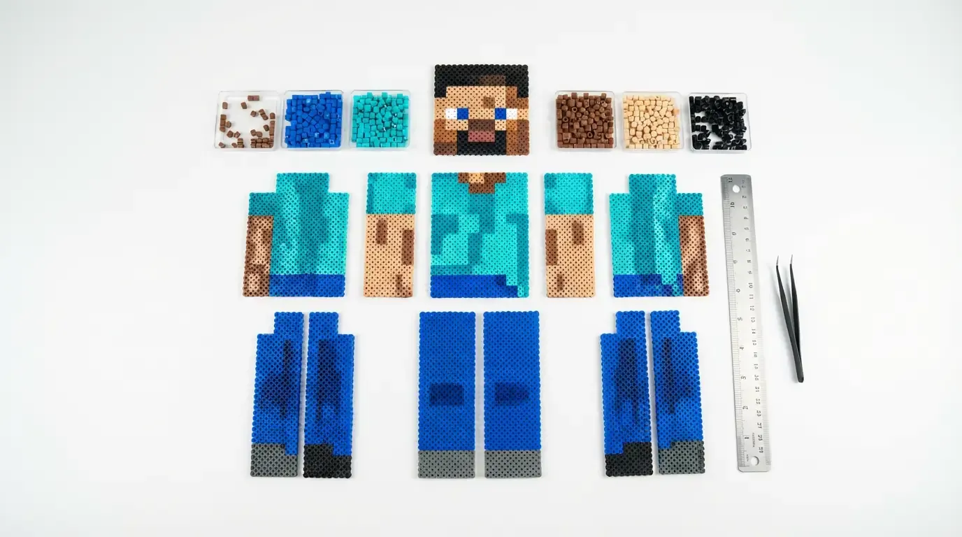 Perler Bead Components for Assembling a Pixelated Minecraft Steve Figure